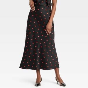 NWT A New Day Black Satin Red Lips Skirt